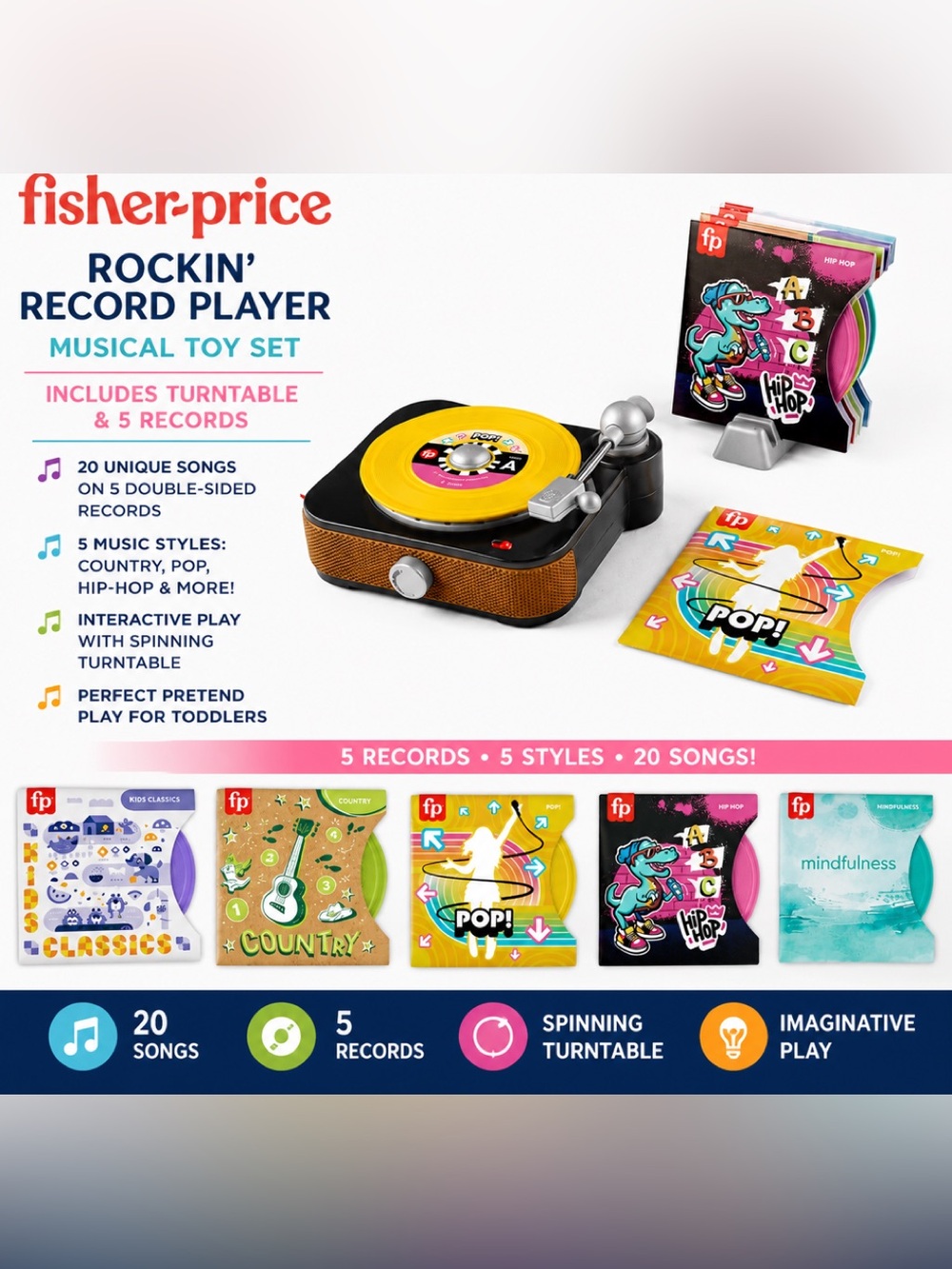 NIB Fisher-Price Yellow & Black Musical Rockin' Record Player Toy Set